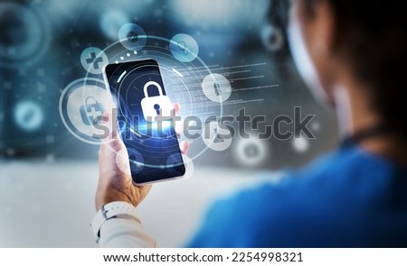 Nurse, phone or healthcare in medical cybersecurity, life insurance or data safety lock on internet app or hospital database. Woman, doctor or futuristic technology in night overlay of software trust Royalty-Free Stock Photo #2254998321