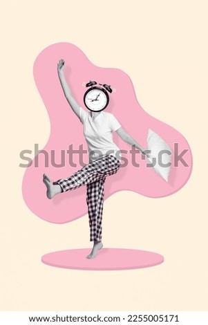Vertical collage picture of excited black white colors girl clock bell ring instead head hand hold cushion dancing isolated on creative background