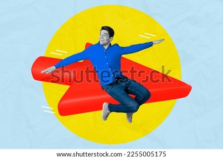Collage photo of young funny man hands plane bird wings arrow direction correct way dreaming business entrepreneur isolated on drawing background