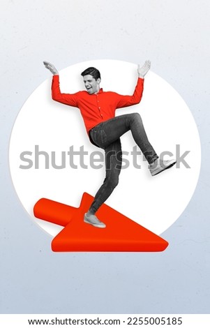 Creative photo collage of young excited businessman entrepreneur wear red stylish shirt dance way direction arrow isolated on painted background