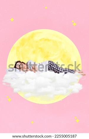 Vertical collage picture of calm sleeping girl laying clouds pillow instead bed full moon sky isolated on pink background