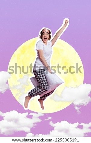 Vertical collage image of overjoyed girl flying cushion night full moon sky isolated on painted creative background