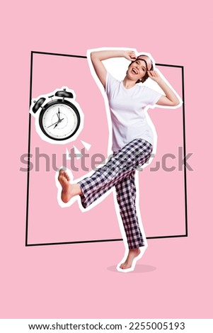 Vertical collage portrait of excited positive girl dancing wear pajama vintage bell ring clock isolated on pink background