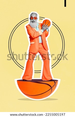 Vertical collage picture of excited positive grandfather wear orange suit arms hold basketball isolated on creative background