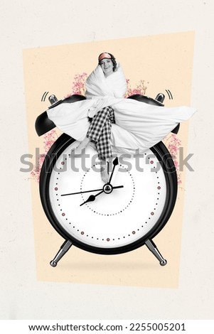 Vertical collage image of positive black white gamma girl covered blanket sit big bell ring clock isolated on creative background