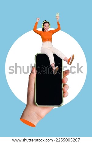 Creative photo collage of youngster woman fists up listen music headphones sit big smartphone screen empty space ad isolated on blue background Royalty-Free Stock Photo #2255005207