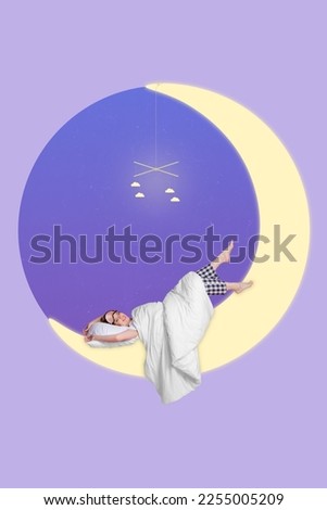 Vertical collage picture of positive mini girl laying moon instead bed isolated on drawing purple background