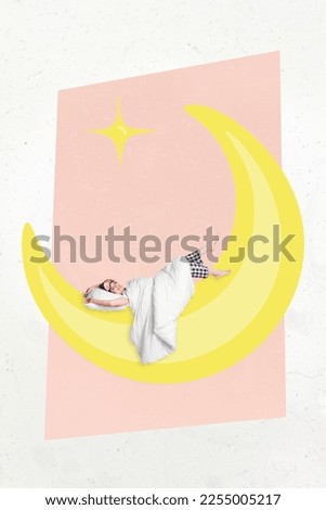 Collage photo of young sleeping cozy woman take nap comfort chilling yellow moon star use pillow blanket bedroom isolated on beige painted background