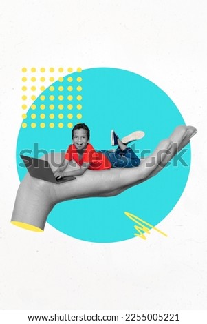 Vertical collage picture of black white gamma arm palm hold mini boy use netbook isolated on creative background