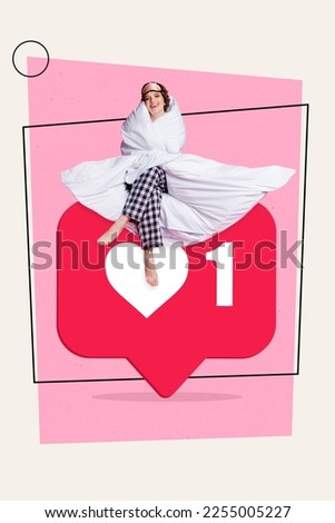 Vertical collage picture of little cheerful girl covered blanket sitting huge like notification twitter facebook instagram