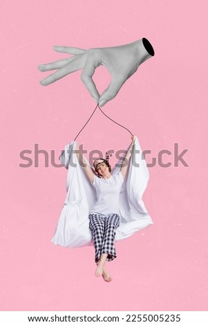 Vertical collage image of black white hand fingers hold strings hanging girl stretching blanket isolated on pink background