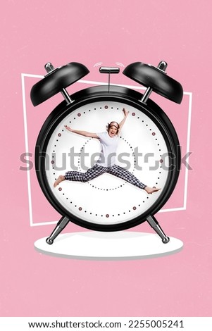 Vertical collage image of excited girl inside bell ring clock face isolated on painted pink background