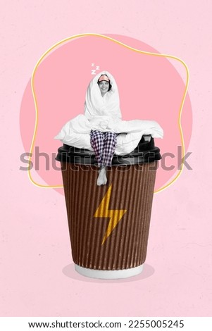 Vertical collage picture of mini black white gamma girl sitting huge coffee cup covered blanket isolated on drawing background