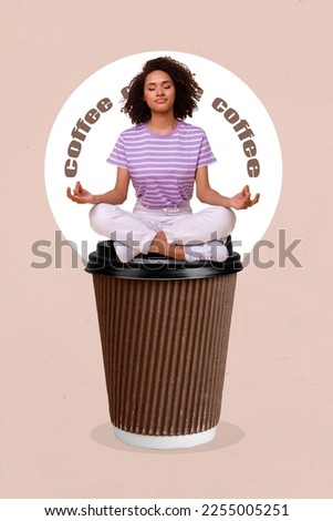 Vertical collage picture of peaceful calm mini girl meditate sit huge coffee cup isolated on painted background