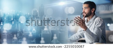 Questions, overlay or telemarketing consultant in a call center helping, talking or networking online. Hologram, faq or sales man in communication at customer services or technical support office Royalty-Free Stock Photo #2255010087