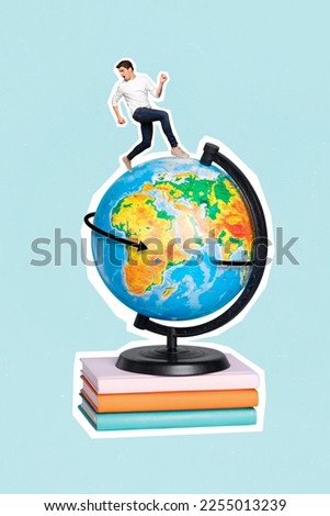 Vertical collage image of mini impressed guy running huge spinning planet earth globe pile stack book isolated on creative background