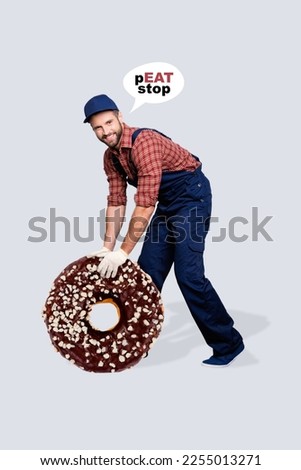 Vertical collage portrait of cheerful auto car mechanic man big chocolate donut instead tire wheel peat stop isolated on grey background