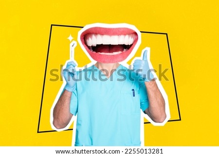 Creative collage image of dentist doctor hold tool equipment demonstrate thumb up isolated on yellow background