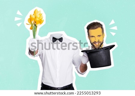 Collage picture of professional magician guy arm hold flowers head inside hat isolated on creative background
