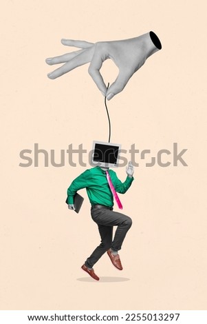 Vertical surrealism collage image of black white effect arm fingers hold string little guy monitor pc instead head running Royalty-Free Stock Photo #2255013297