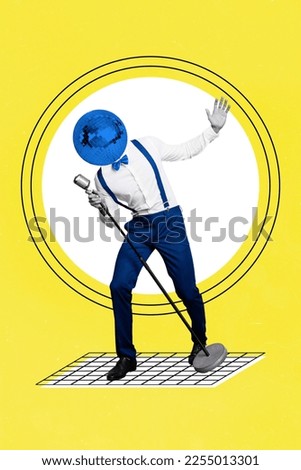 Vertical collage picture of singer performer guy disco ball instead head vintage microphone isolated on drawing yellow background Royalty-Free Stock Photo #2255013301