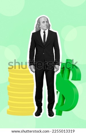 Photo collage artwork minimal picture of confident worker money instead of head isolated drawing background