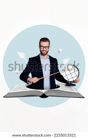Vertical collage picture of positive intelligent teacher inside opened book hole hold pointer globe flying paper planes isolated on creative background