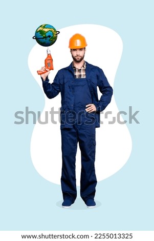Vertical collage picture of construction worker hand hold drill mini planet earth globe isolated on creative background