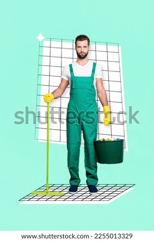 Collage photo of professional cleaner man housekeeper washing apartments shine flat hold bucket hold swabber isolated on painted green background