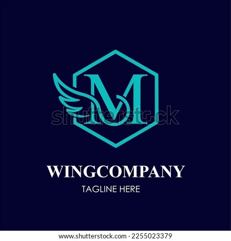 Initial M Letter with Wing Bird in Line Art Style Logo Idea Template