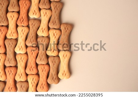Bone shaped dog cookies on beige background, flat lay. Space for text Royalty-Free Stock Photo #2255028395
