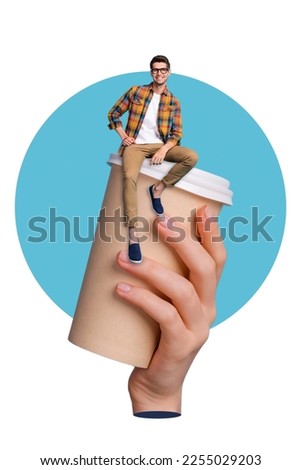 Collage artwork graphics picture of happy smiling guy sitting big coffee cup isolated painting background