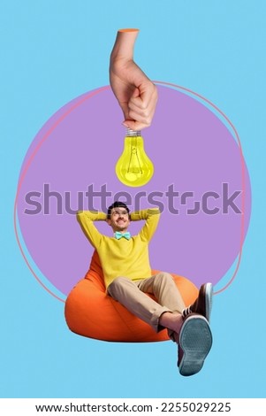 Creative collage photo of young chilling mister gentleman bowtie relax orange beanbag carefree has idea look up lamp isolated on painted background