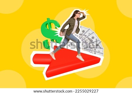 Artwork creative photo collage of young business lady running hurry searching ways solve problems arrow point career isolated on yellow background