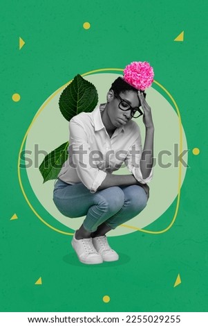 Photo collage of young business woman sitting unhappy depressed hand headache absurd flower inside brains problems isolated on green background