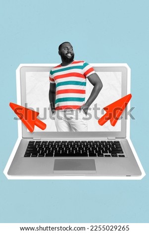 Creative photo poster advertisement promo of young guy high quality picture resolution reality inside laptop display isolated on blue background