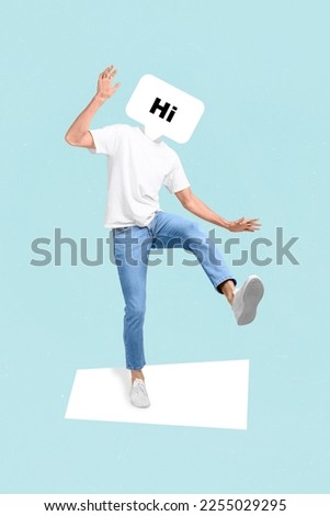 Creative photo 3d collage artwork poster postcard of weird crazy man hi word instead face going date isolated on painting background