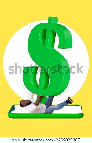 Composite collage photo of young startup economics finance manager businessman fall down display hold dollar symbol isolated on painted background