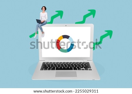 Collage photo of laptop screen display monitoring google diagram statistics manager assistant consult isolated on blue color background
