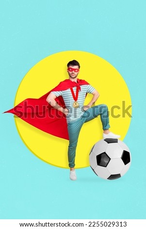 Creative 3d photo collage of young strong sportive superman young guy wear mask cape first place competition football isolated on painted background