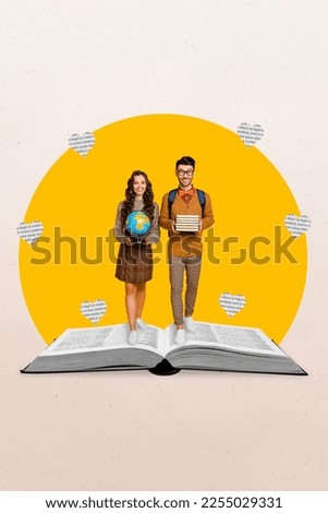 Template banner collage of two friends lady guy stand open paper book hold school learning supply autumn season sale concept