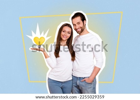 Collage photo of young smile cheerful couple boyfriend with girlfriend harmony together hold yellow lightbulb love symbol isolated on blue background