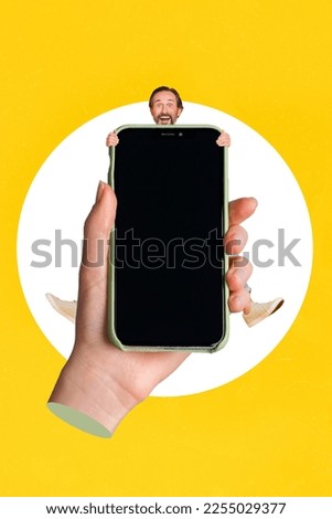Creative magazine advert collage of happy amazed middle aged man hide smartphone advertise gadget discount commerce