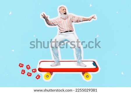 Creative collage photo old age gray beard man riding skate active hobby smartphone display much shares likes notification isolated on blue background