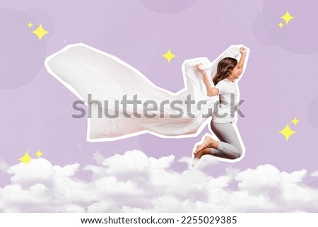 Collage 3d image of pinup pop retro sketch of funny carefree small kid flying blanket isolated painting background