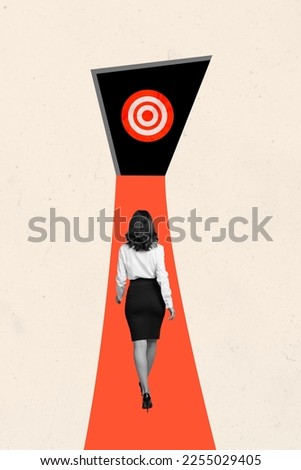 Composite collage photo of young startup businesswoman step go direction point target become successful ceo isolated on beige color background