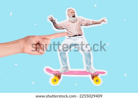 Photo artwork collage of mature old man riding skateboard finger pointing pushing his body summertime chill fun isolated on painted blue background