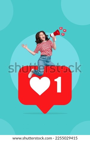 Creative photo collage of young excited promoter lady say announcement megaphone likes notification popularity isolated on blue color background Royalty-Free Stock Photo #2255029415
