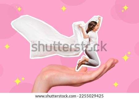 Creative abstract template graphics collage image of carefree little child having fun jumping blanket isolated drawing background
