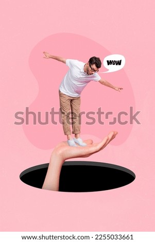 Creative magazine collage of young worker stand human hand look deep hole financial job risk concept Royalty-Free Stock Photo #2255033661